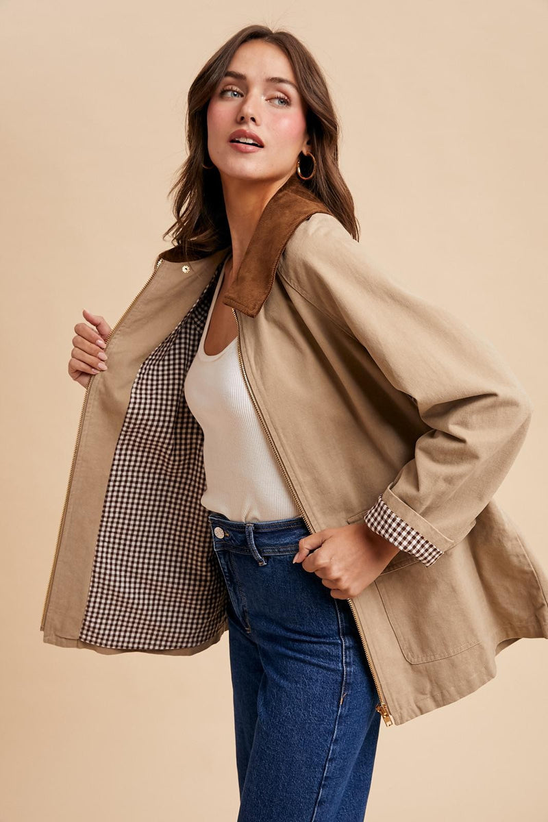 Corduroy Collared Cotton Chore Jacket in Beige