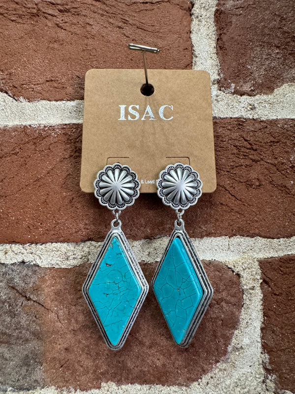 Diamond Shaped Turquoise Dangle Silver Post Earrings