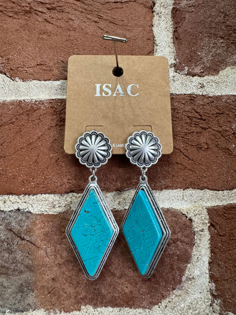 Diamond Shaped Turquoise Dangle Silver Post Earrings