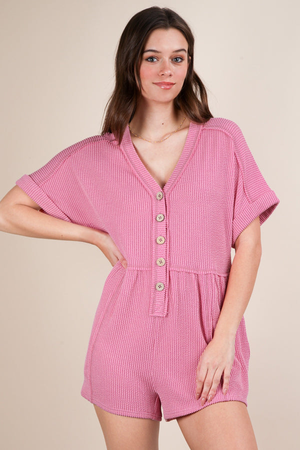 Two Tone Ribbed Knit Comfy Casual Romper in Pink