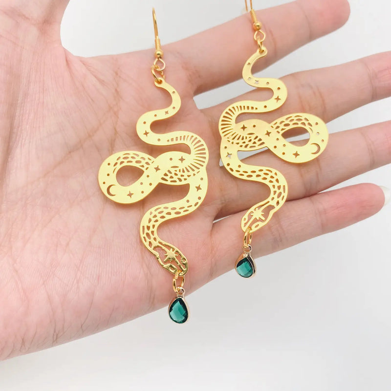 Bohemian Star Moon Snake Earrings Green Crystal Pendant