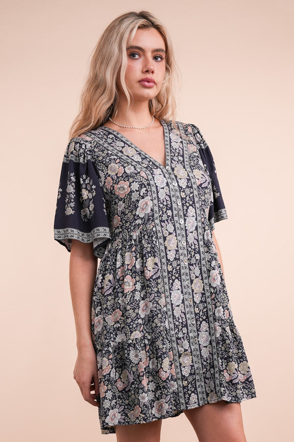 Shirring Detail Printed Woven Mini Dress in Navy Mix