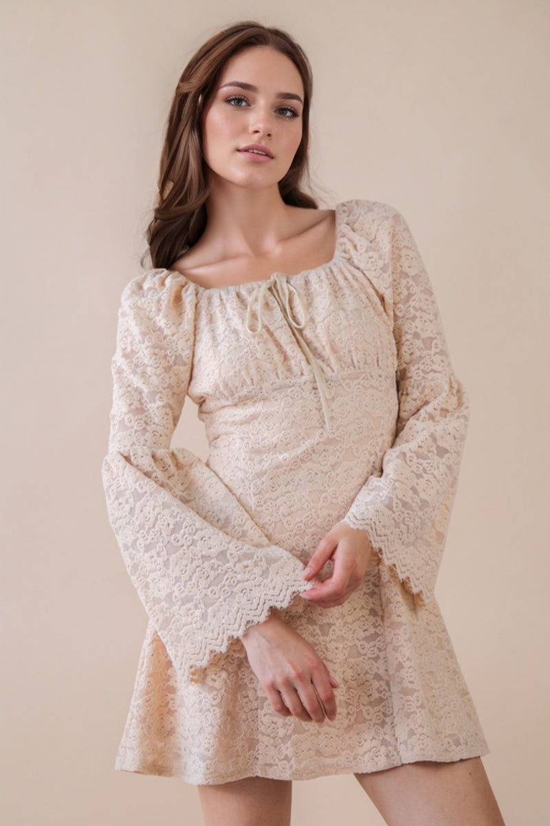 Champagne Textured Lace Bell Sleeve Mini Dress