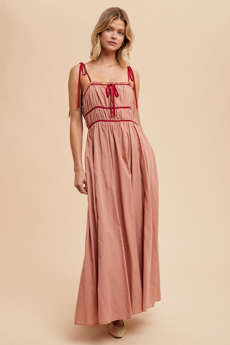 COTTON BLEND CONTRAST TRIM MAXI DRESS- in Dessert Flower-Final Sale