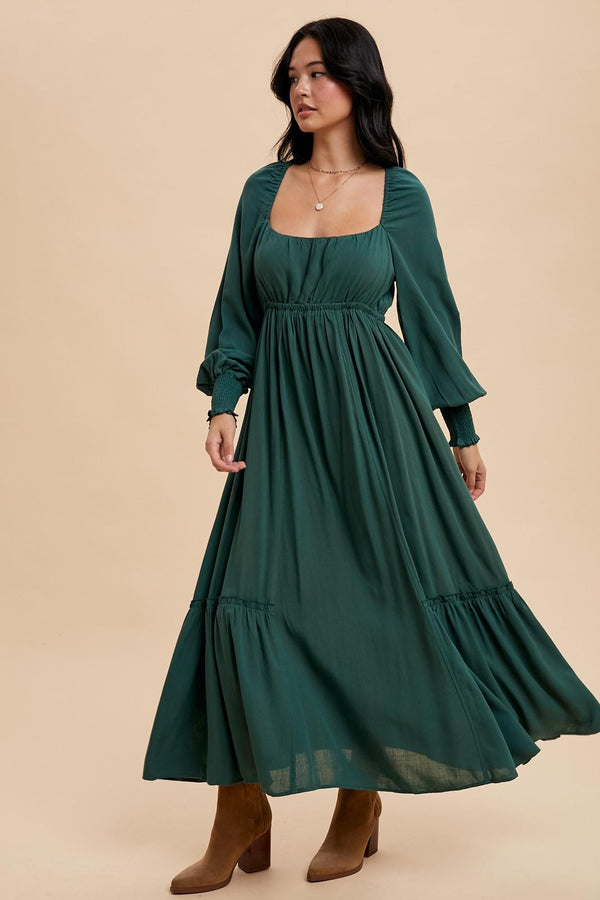 COTTON BUTTON DOWN MIDI DRESS (Forest Green)