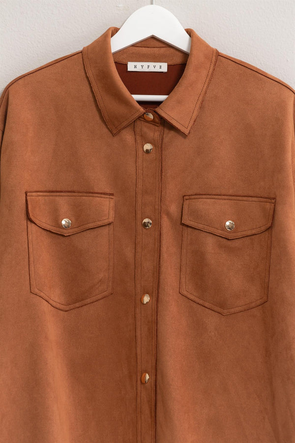 Oversized Suede Shirt With Pocket (Camel)