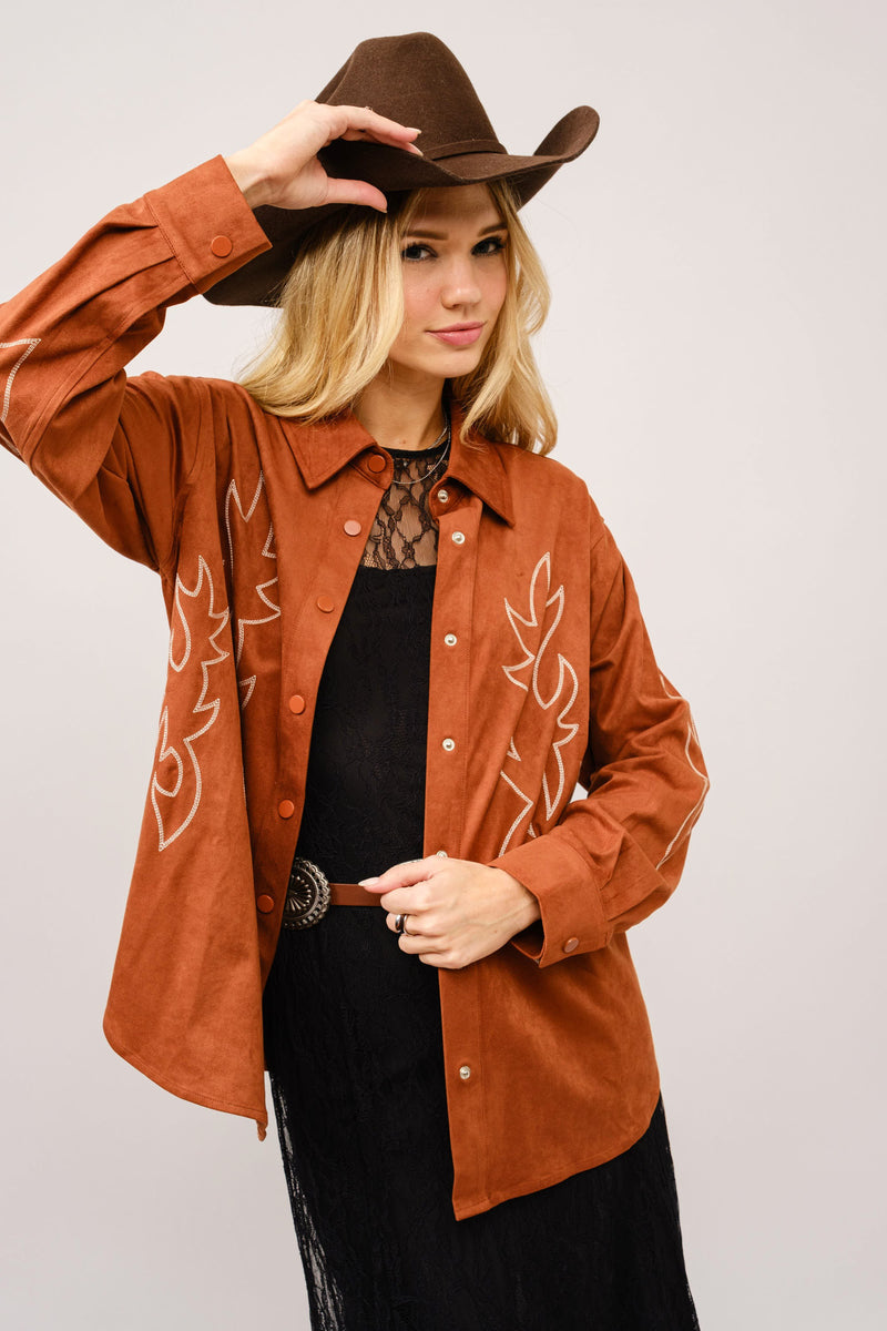 Western Suede Boots Stitch Snap Up Shirt Jacket