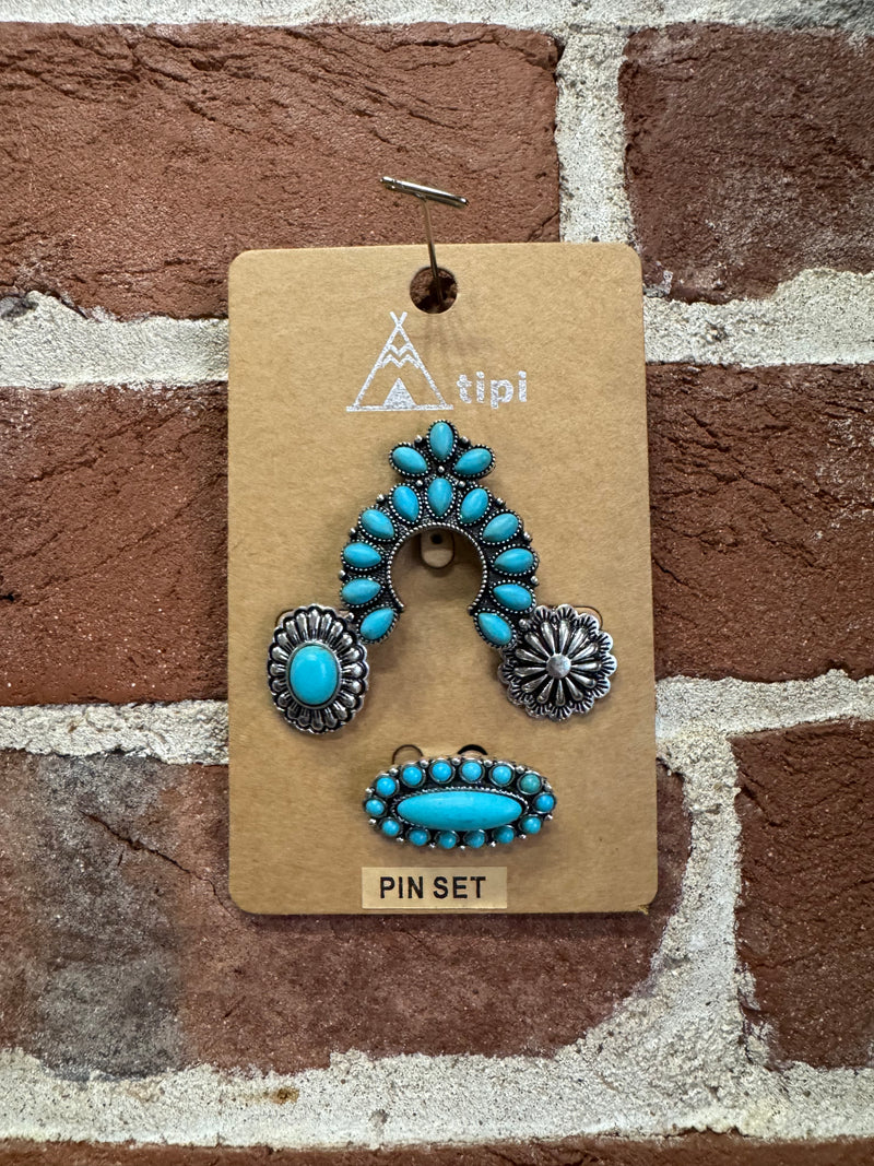 Western Silver and Turquoise Set of 4 Pins