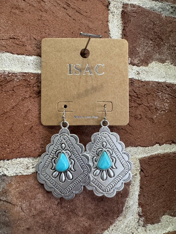 Embellished Silver Kite with Triangle Turquoise Stone Dangle Earrings