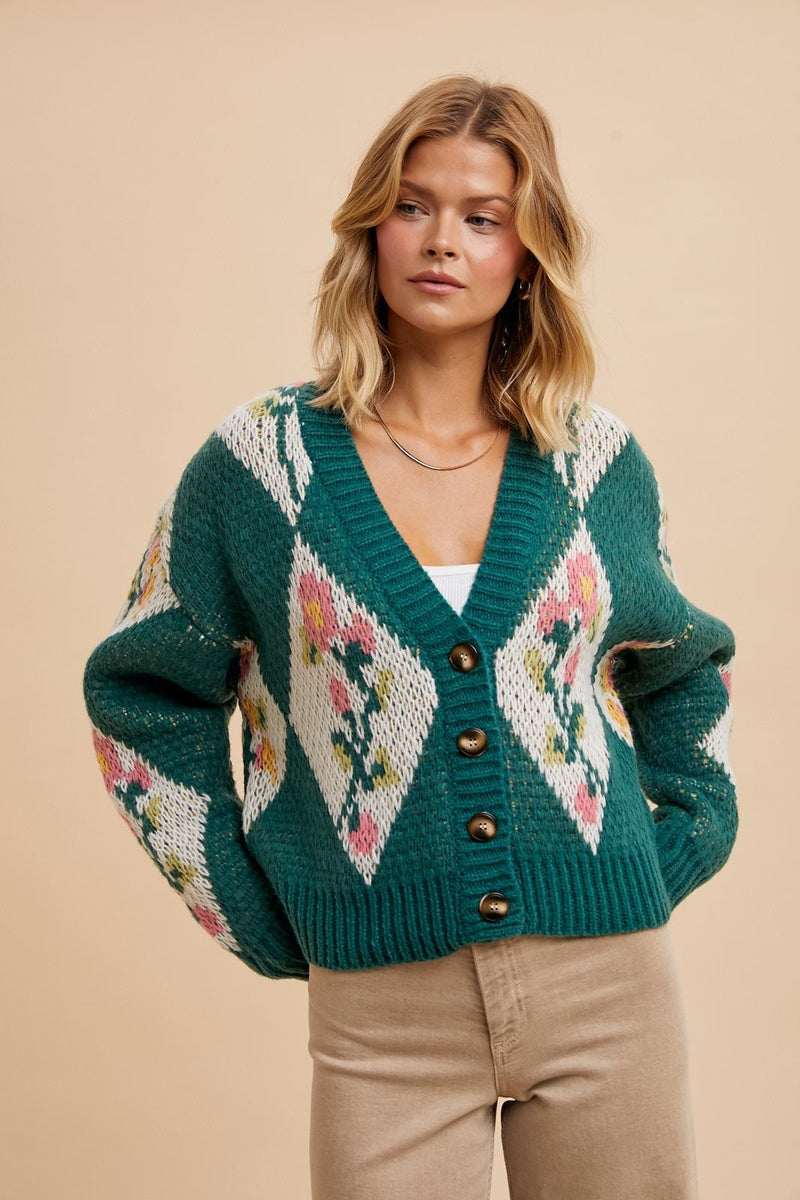 CROPPED CHUNKY FLORAL CARDIGAN (FERN)