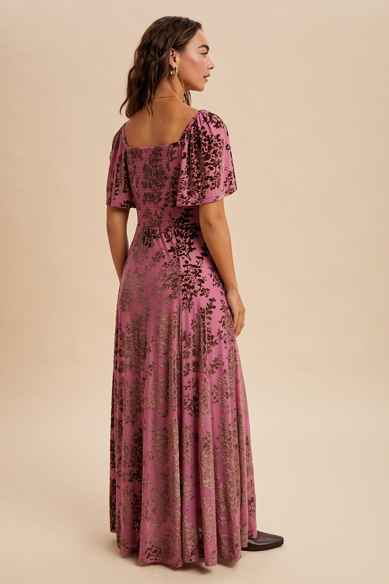 Burnout Velvet Flutter Maxi Dress in Sugar Plum