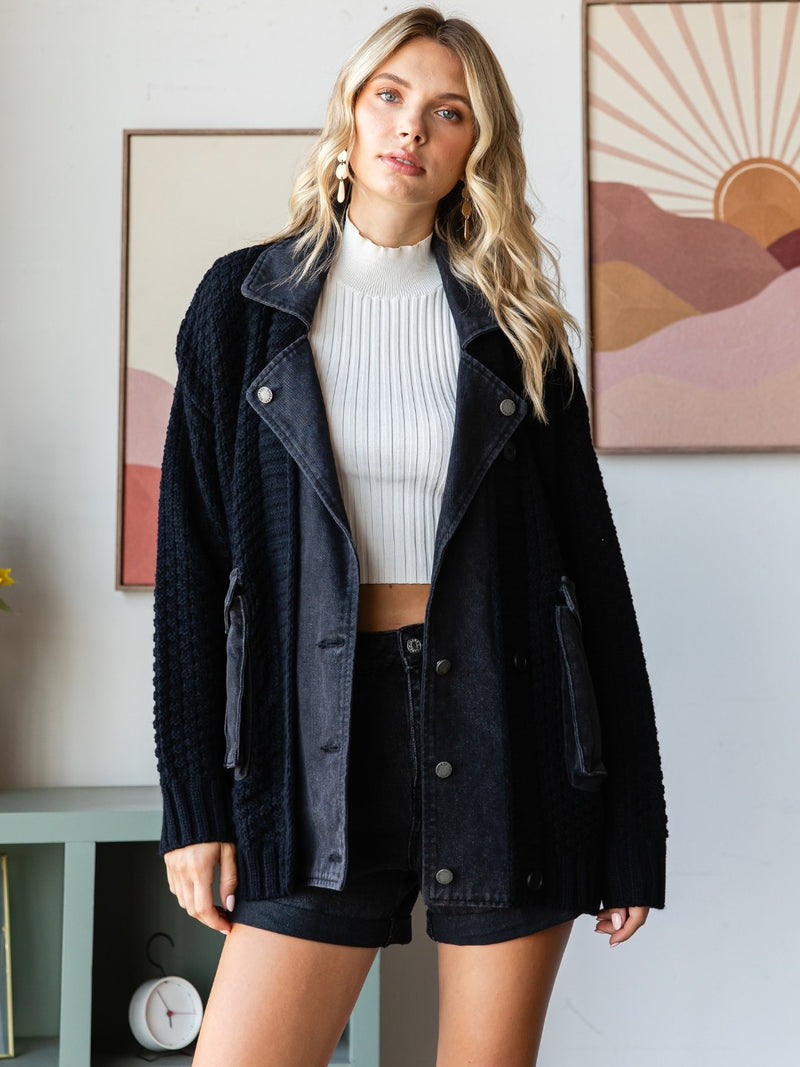 Knit Body Denim Layered Jacket - Black/Grey Denim