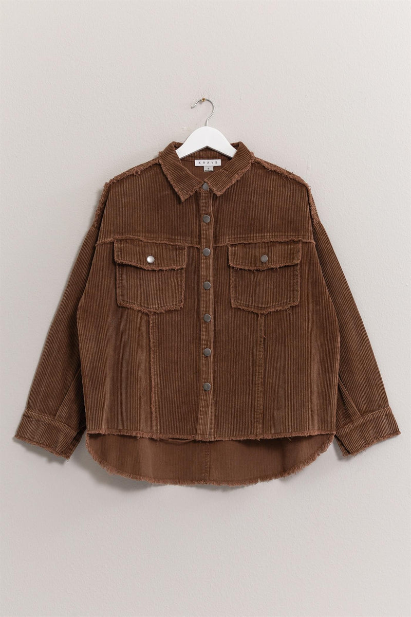 Washed Corduroy Frayed Shacket (Brown)