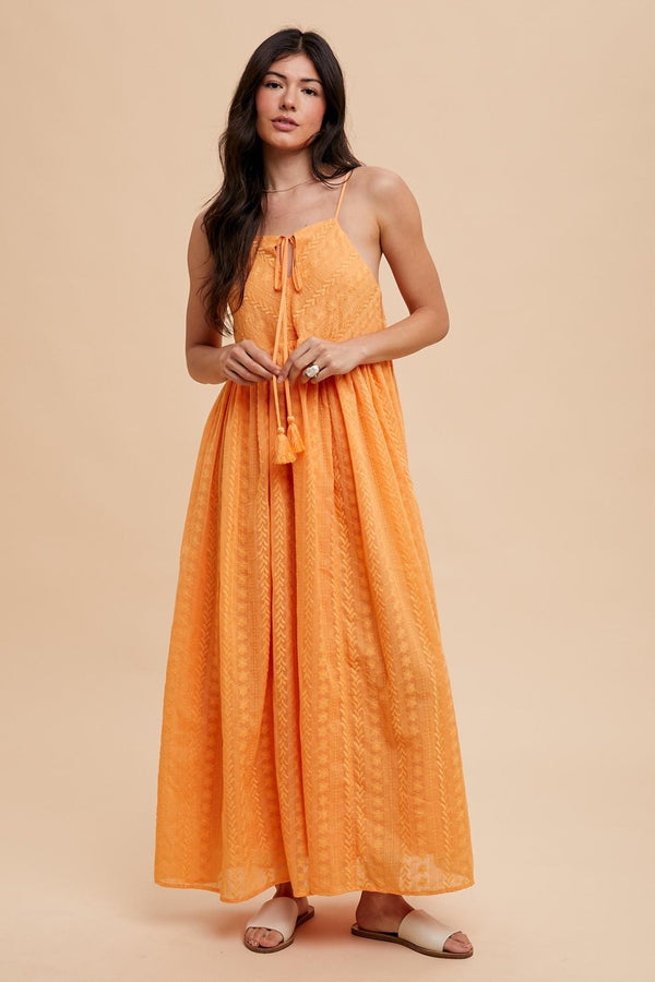 ALL OVER EMBROIDERED MAXI STRAP DRESS in Tangelo- Final Sale