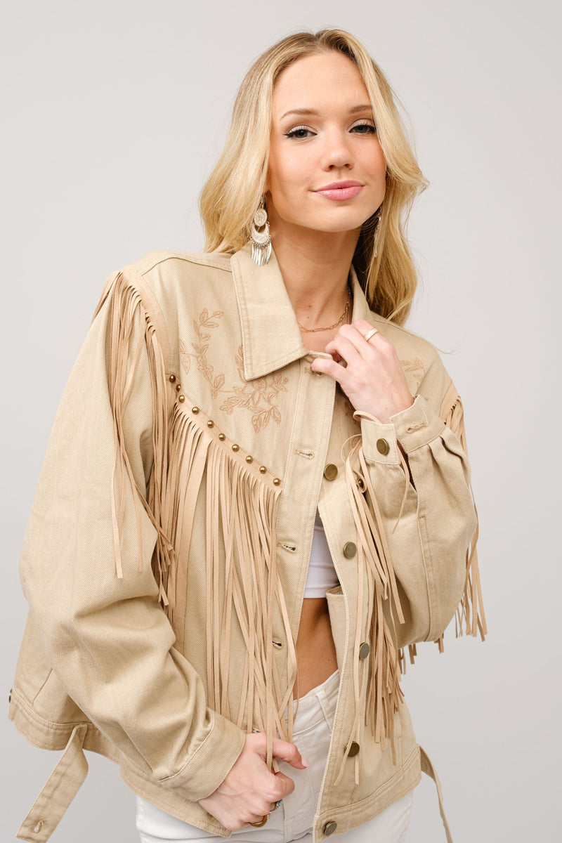 Twill Fringe Studded Embroidered Jacket