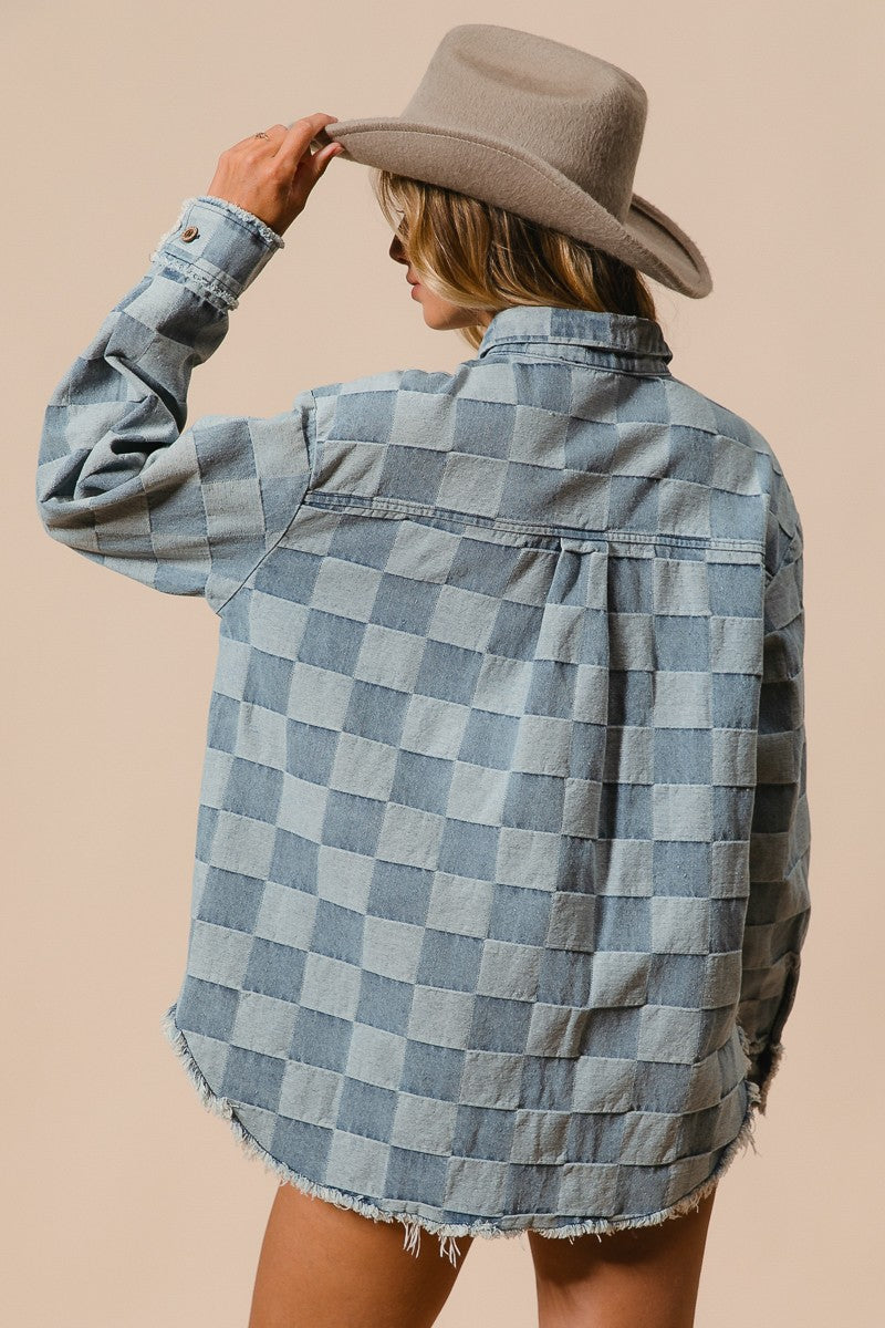 Frayed Edged Detail Washed Checker Denim Shirt (Sizes S-XL available)