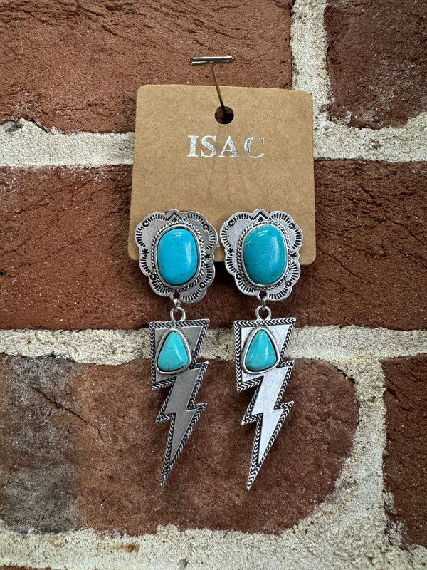 Lightening Bolt with Turquoise Stone Dangle Post Earrings