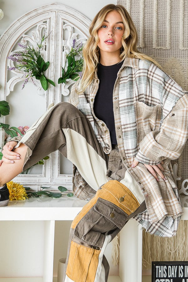 MIXED CHECK PLAID OVERSIZE SHIRTS in Taupe Combo (Oli & Hali Brand) - Final Sale