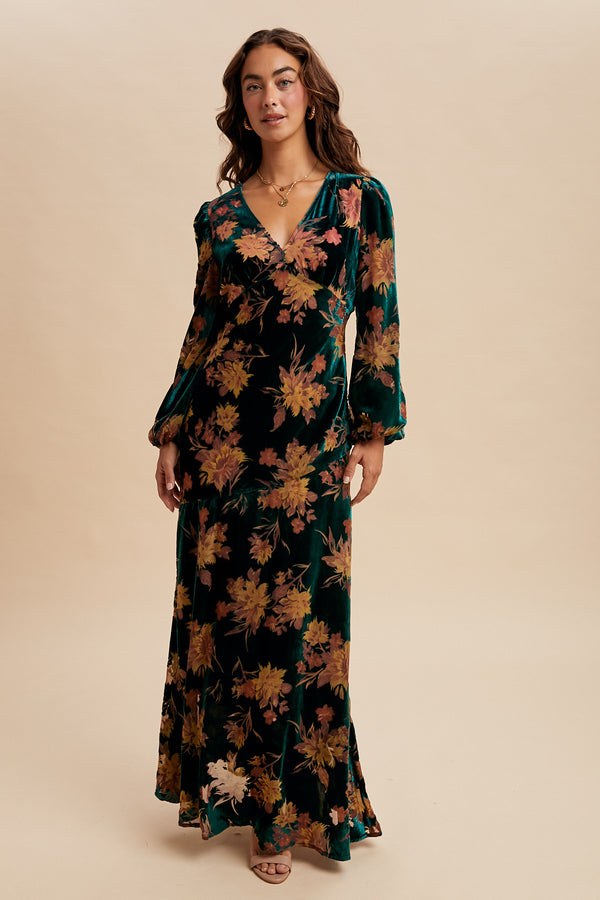 Burnout Velvet Maxi Dress in Emerald Floral