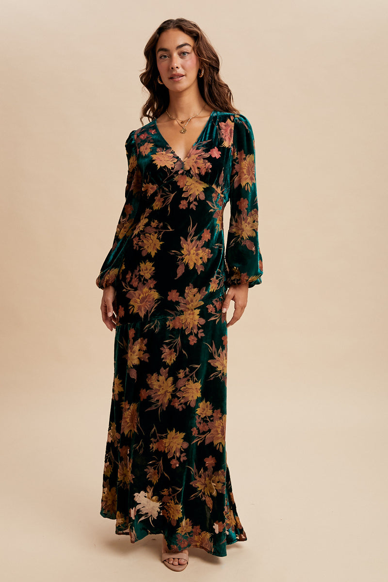 Burnout Velvet Maxi Dress in Emerald Floral