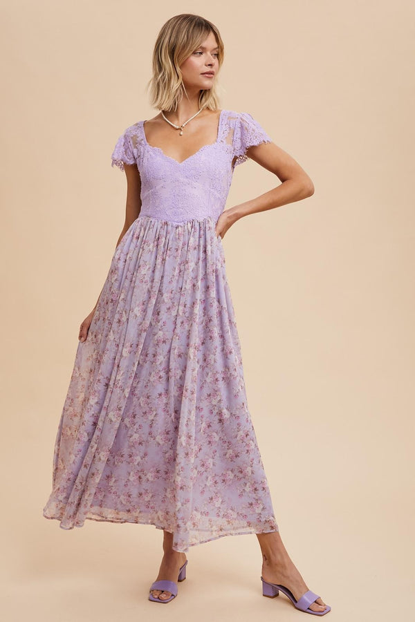 SCALLOPED LACE CONTRAST MAXI DRESS in Dusty Lilac- Final Sale