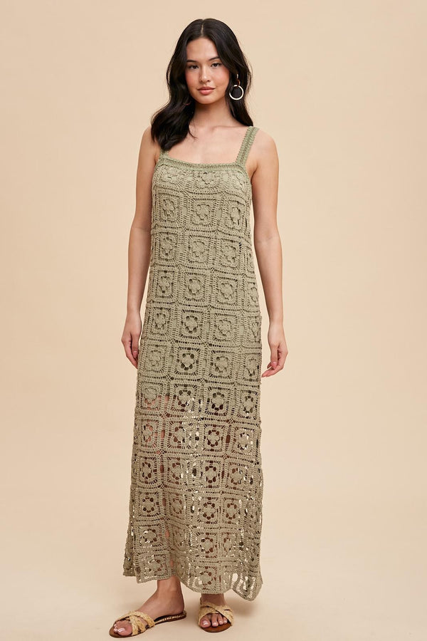 Cotton Crochet Maxi Tank Dress in Dusty Olive- Final Sale