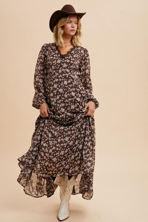 FLORAL LACE MAXI DRESS (Mocha)