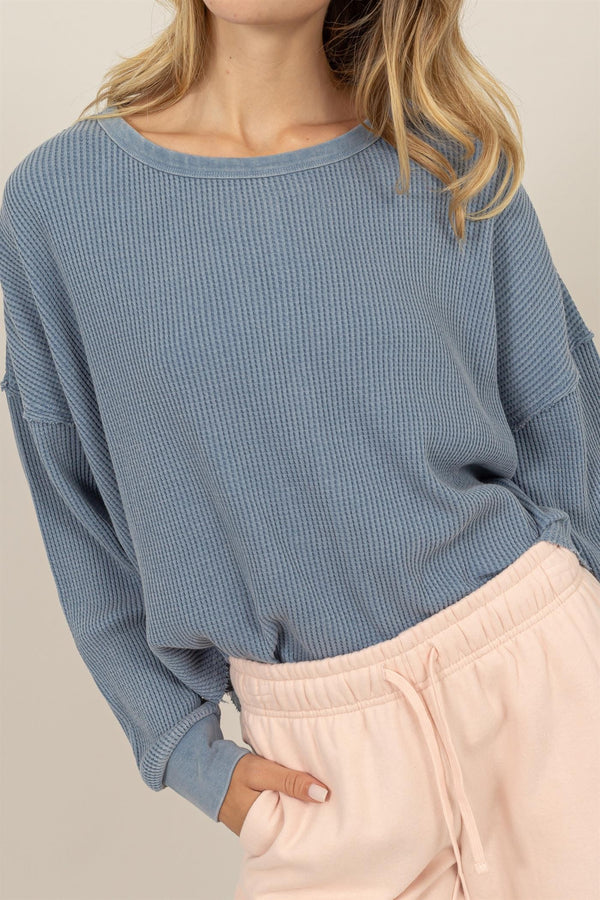 DROPPED SHOULDER RELAXED WAFFLE KNIT TOP (GRAY BLUE)