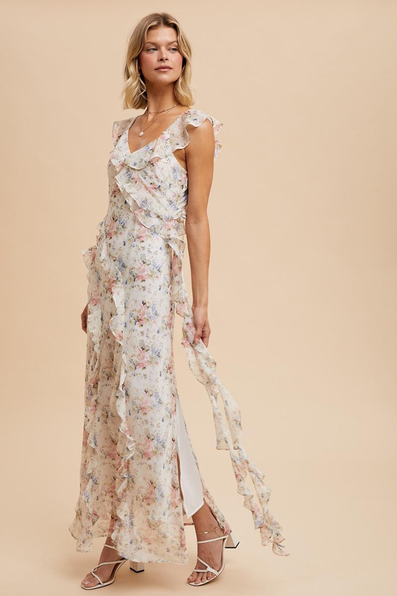 RUFFLED YORU CHIFFON FLORAL DRESS- Final Sale