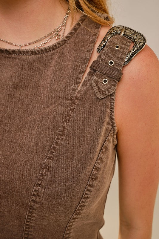 Western Buckle Shoulder Denim Dress