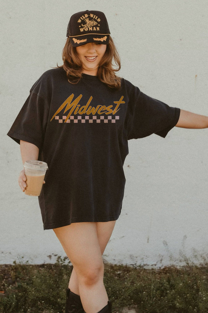 Midwest Checkered Grunge Boho Womens Graphic Tee - Black (S-XL)
