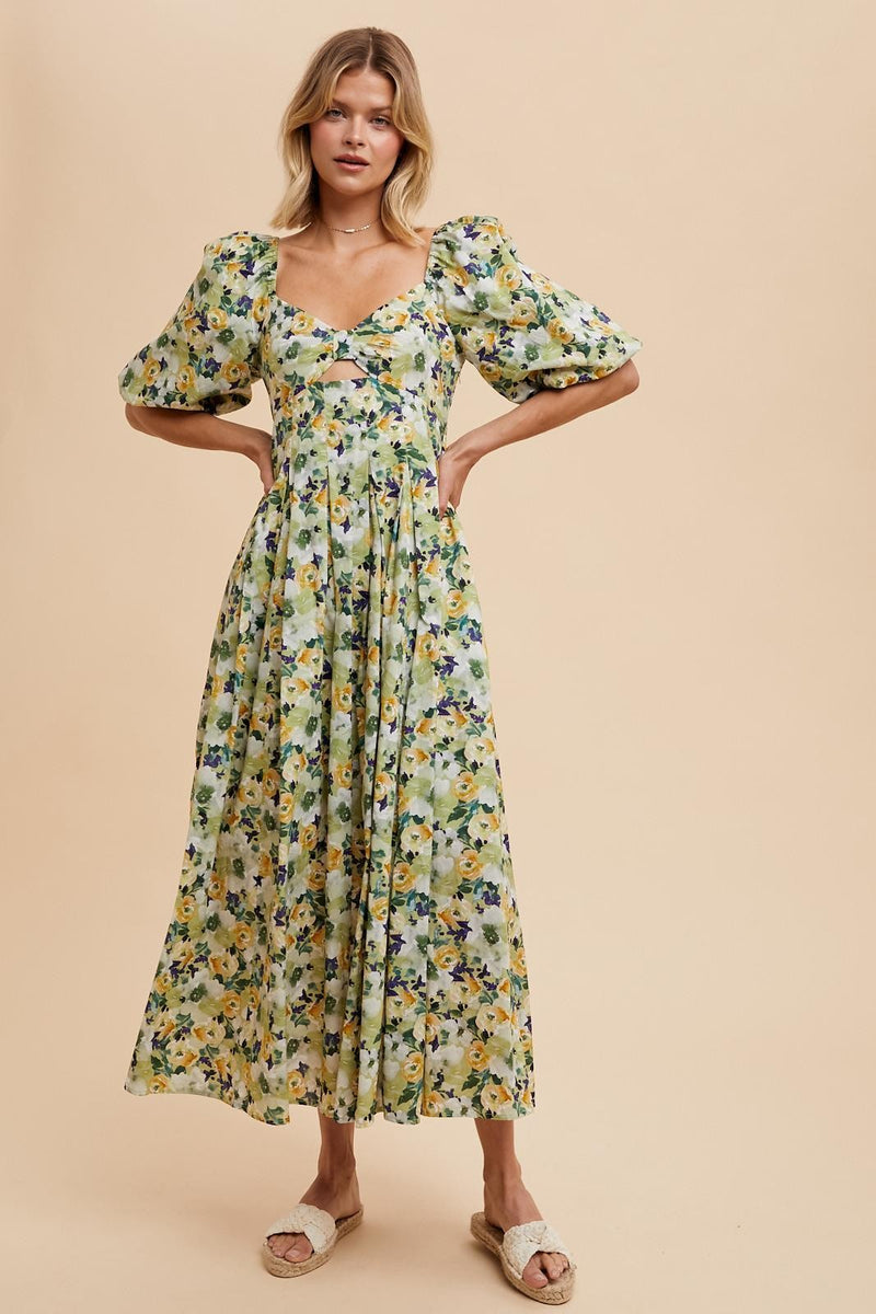 FLORAL COTTON MAXI DRESS in Fern- Final Sale