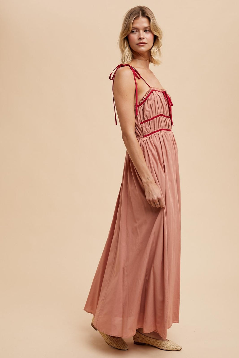 COTTON BLEND CONTRAST TRIM MAXI DRESS- in Dessert Flower-Final Sale