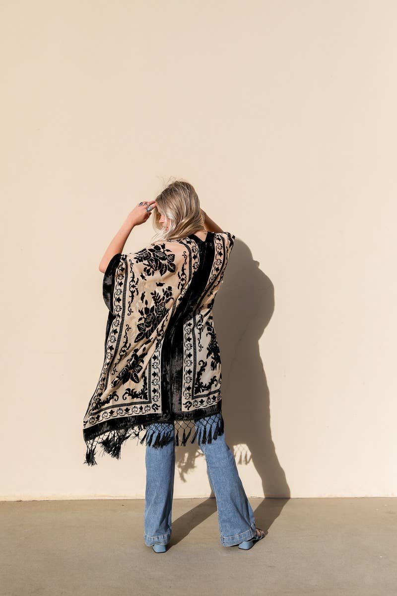 Velvet Mesh Tapestry Tassel Kimono in Black - One Size