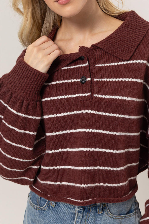 Striped Half-Placket Sweater (Dark Cherry)