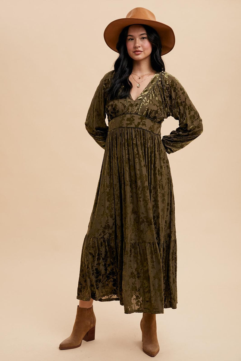 VELVET BURNOUT MAXI DRESS (Olive)