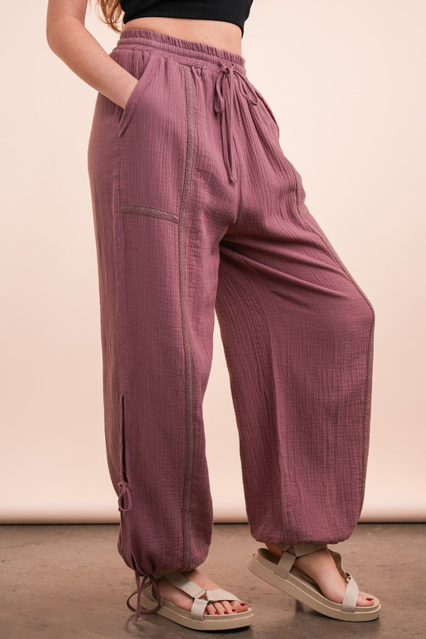 Side Tunnel Harem Pants With Lace Trim Detail in Mauve
