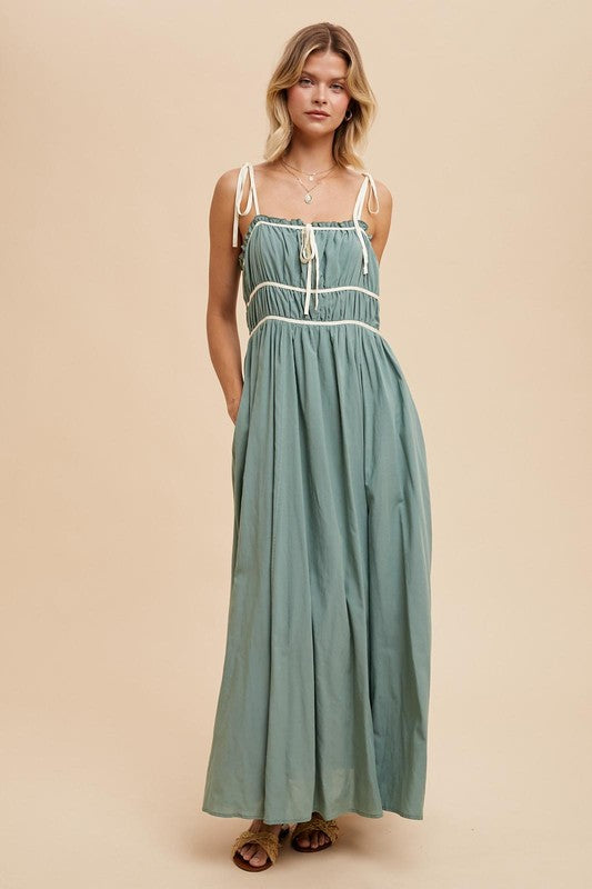 COTTON BLEND CONTRAST TRIM MAXI DRESS- in Elemental Blue-Final Sale