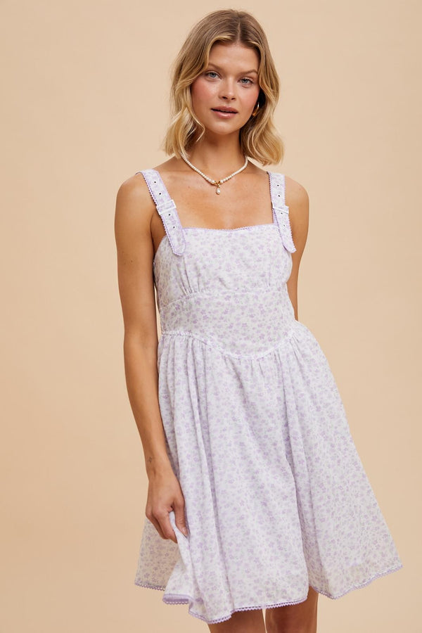 FLORAL APRON STYLE UTILITY MINI DRESS in Lavender- Final Sale