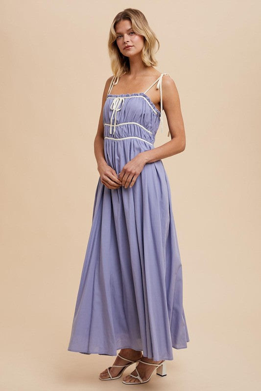 COTTON BLEND CONTRAST TRIM MAXI DRESS- in Eucalyptus- Final Sale