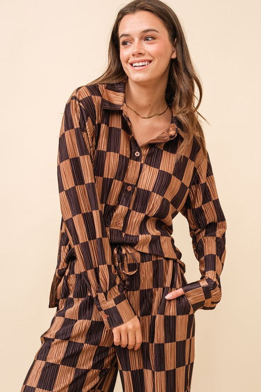Plisse Checker Print Shirt (Top Only)