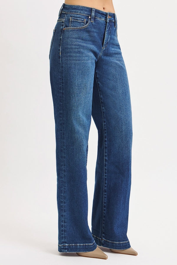 Tummy Control Mid Rise Wide Leg Front & Back Iron Press Line Detailed - Risen Brand Jeans