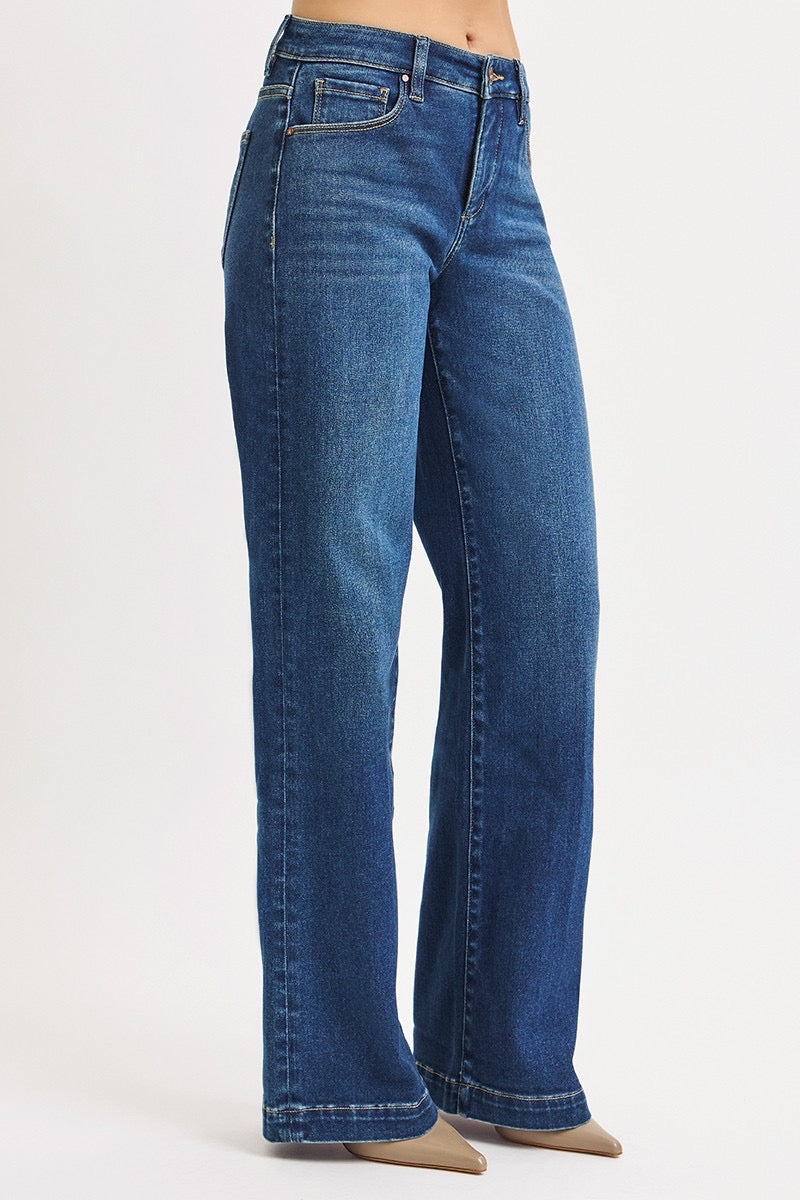 Tummy Control Mid Rise Wide Leg Front & Back Iron Press Line Detailed - Risen Brand Jeans