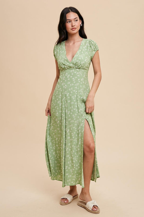 FAUX SURPLICE VISCOSE MAXI DRESS in Fern- Final Sale