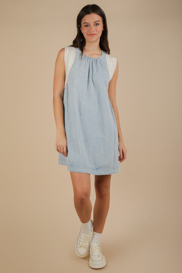Washed Chambray Eyelet Trim Mini Dress