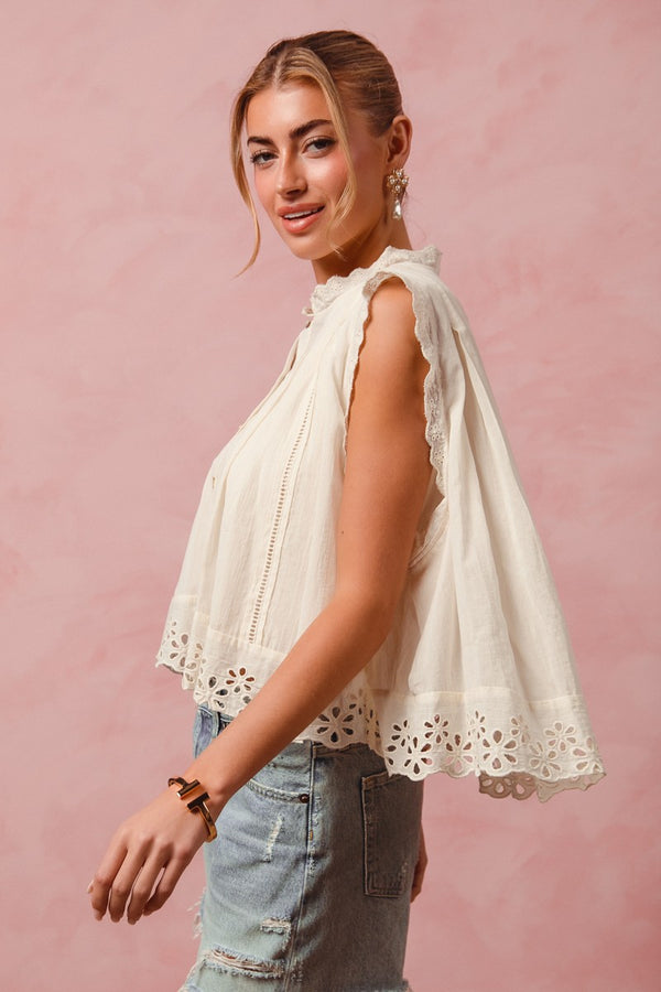 Button Up Front Pleated Sleeveless Lace Blouse Top in Cream