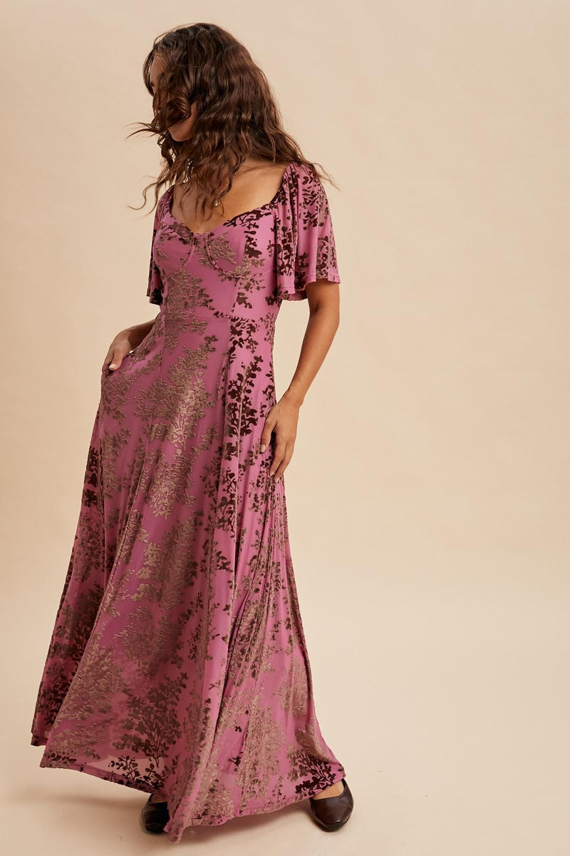 Burnout Velvet Flutter Maxi Dress in Sugar Plum
