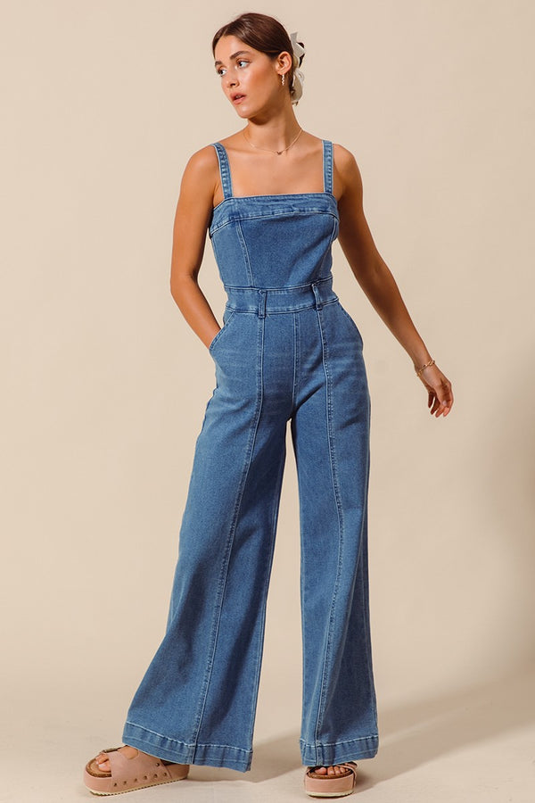 Front Cut Exposed Seam Washed Denim Jumpsuit