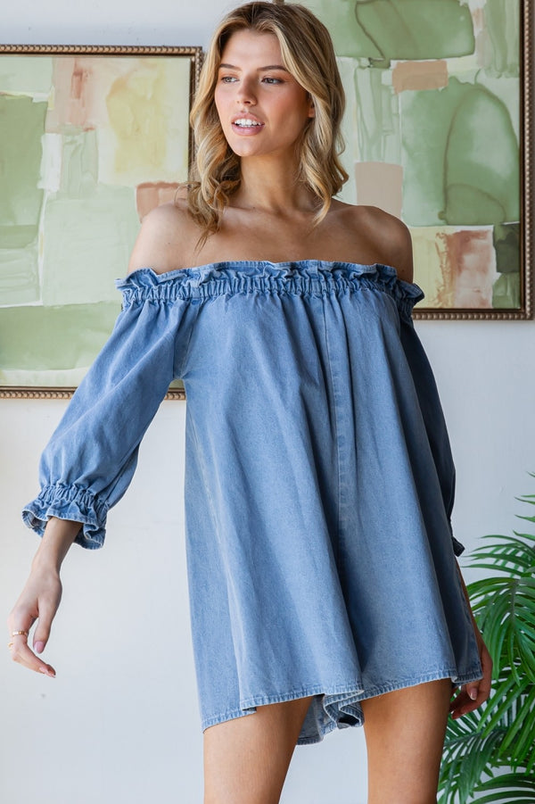 Off Shoulder Denim Romper in Light Wash