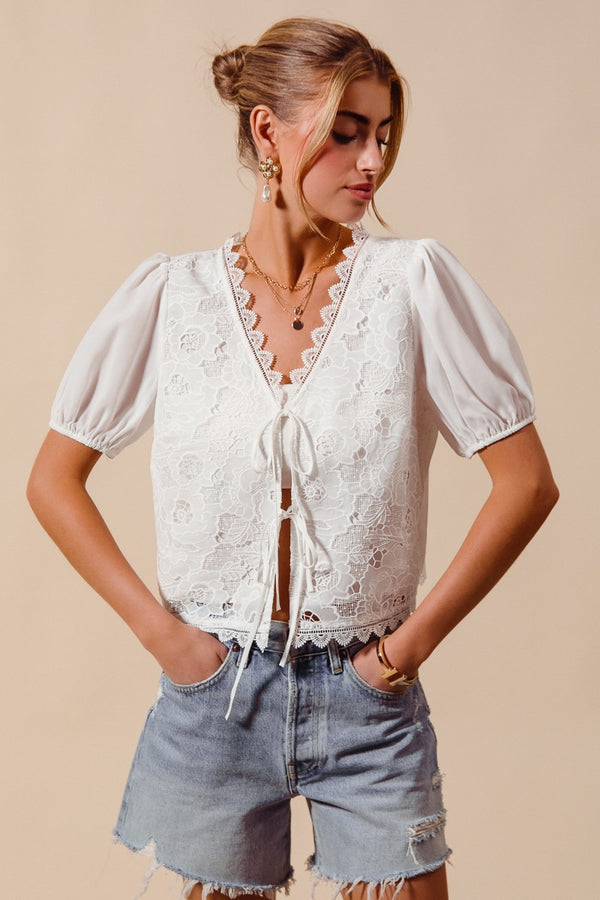 TIE FRONT FLORAL LACE TOP WITH SCALLOPED TRIM AND PUFF SLEEVES (SIZE S-XL)
